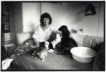 402461 Portret van Willeke Scheffer in de woonkamer van haar huis te Utrecht, met haar hond en zes jonge katten die ze ...